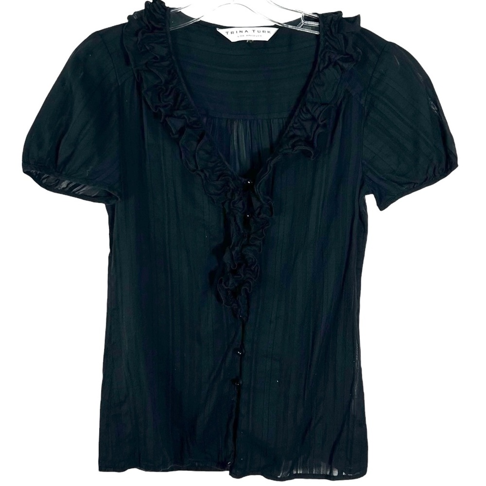 Trina Turk Women's Black Cotton Blend Ruffle Neck Short Sleeved Top in Size S